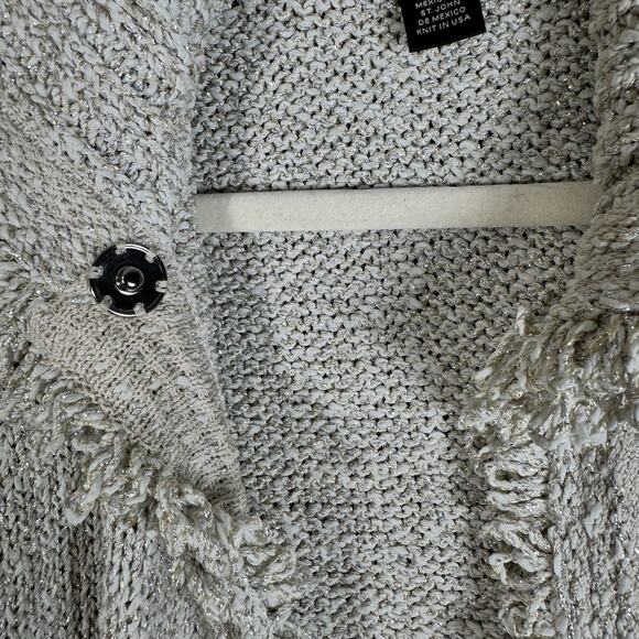 ST.JOHN Women’s Knit Cardigan Jacket Sweater P Petite Beige Metallic Fringe Trim - Picture 4 of 11